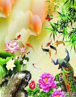 Tranh chim công và cá Koi