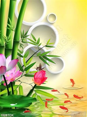 Tranh sen hồng bên hồ trúc