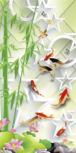 Tranh cá Koi bên cành trúc