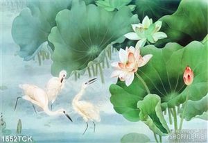 Tranh hoa sen và hạc in màu