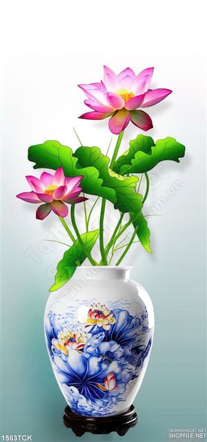 Tranh bình sen gốm xanh