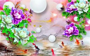 Tranh mẫu đơn tím và cá Koi