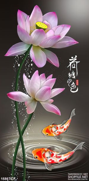Tranh nghệ thuật sơn dầu cá chép bên hồ sen hồng