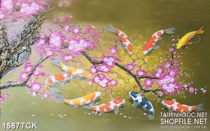 Tranh gốc cây đào nở trên đàn cá koi sơn dầu in canvas