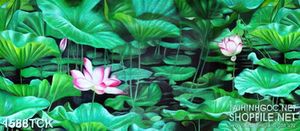 Tranh sơn dầu hoa sen sơn dầu phủ kín màu lá xanh in 3d