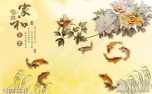 Tranh sơn dầu decor đàn cá chép bên cành hoa mẫu đơn