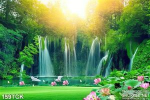 Tranh hoa sen, cá chép và thác nước