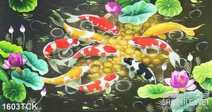 Tranh mưa rơi trên mặt hồ cá koi sơn dầu in treo tường