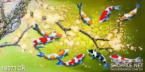 Tranh in treo tường đàn cá koi sơn dầu bên cành mai vàng