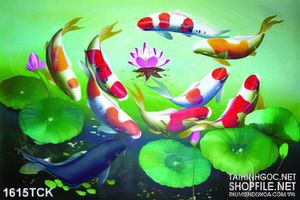 Tranh sơn dầu cá koi trong mặt hồ sen hồng in 3d