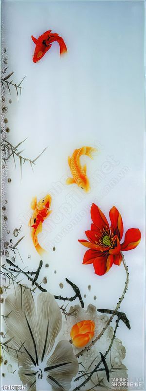 Tranh psd sơn dầu cá chép bên bông sen đỏ rực