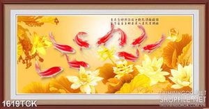 Tranh decor sơn dầu cá chép bên hồ sen dáp vàng
