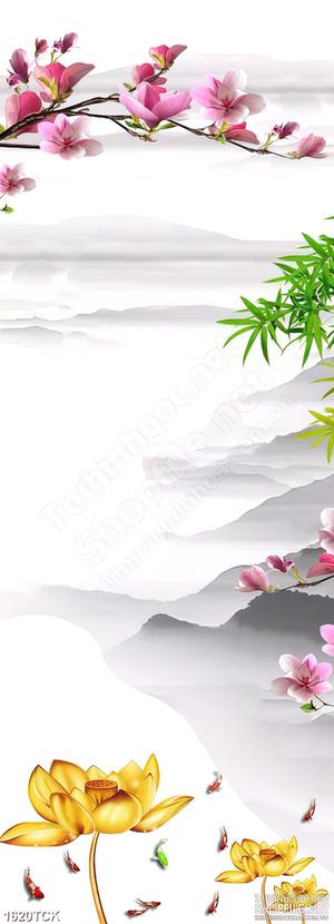 Tranh trang trí sơn dầu bông sen vàng bên đàn cá chép