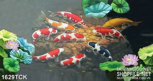 Tranh trang trí sơn dầu cá koi bơi trong đầm sen đầy lá
