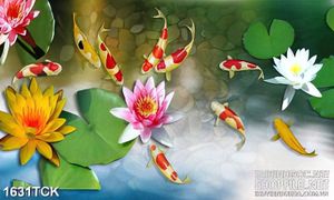 Tranh nghệ thuật sơn dầu cá koi bên hồ hoa súng nở rộ