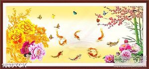 Tranh sơn dầu cá chép bên hoa mẫu đơn in dán tường