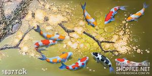 Tranh décor hoa mai nở rộ trên mặt hồ cá koi sơn dầu
