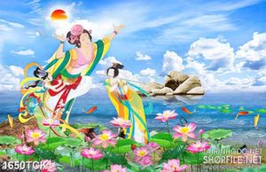 Tranh những nàng tiên trên hồ sen và cá chép in 3d