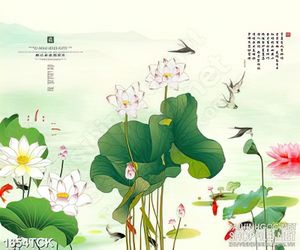 Tranh sơn dầu hoa sen bên đàn chim én in dán tường