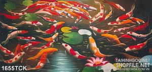 Tranh decor sơn dầu cá koi dày đặc trong hồ hoa sen