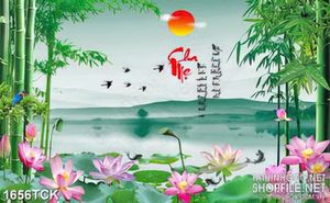 Tranh trang trí đàn chim én bay trên mặt hồ hoa sen