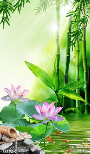 Tranh nghệ thuật sơn dầu hoa sen bên rừng trúc đầy sương