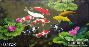 Tranh đàn cá koi tung tăng trong đầm sen in canvas