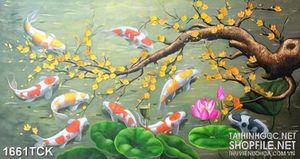 Tranh psd gốc mai vàng trên hồ sen và đàn cá koi sơn dầu