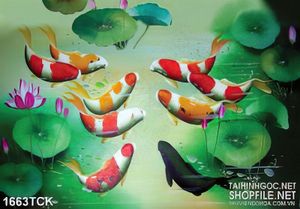 Tranh sơn dầu cá koi bên lá sen xanh ngắt in dán tường