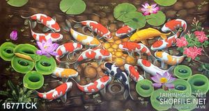 Tranh đàn cá koi tung tăng trong hồ đá cuội in canvas