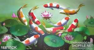 Tranh sơn dầu hoa sen hồng và đàn cá koi in dán tường