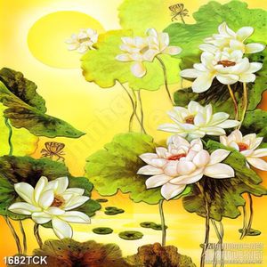 Tranh decor sơn dầu hoa sen trắng dưới ánh trăng vàng