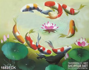 Tranh bông sen nở rộ giữa đàn cá koi sơn dầu in uv