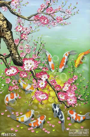 Tranh nghệ thuật những cánh đào rơi trên hồ cá koi