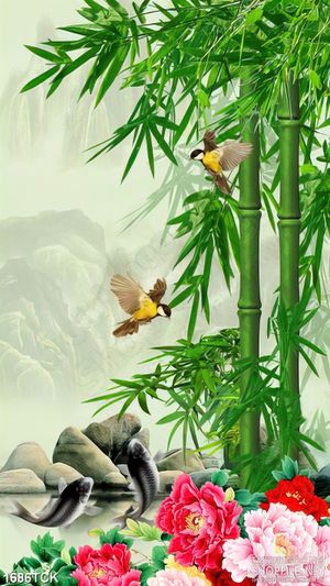 Tranh sơn dầu cá koi nhảy bên hoa mẫu đơn in canvas