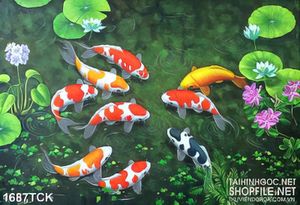 Tranh 3d sơn dầu cá koi trên mặt hồ sen trong nước