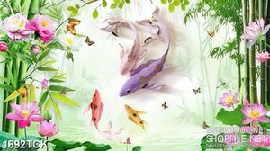 Tranh trang trí hồ cá chép sơn dầu trong rừng trúc xanh