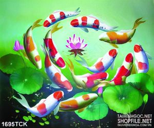 Tranh sơn dầu cá koi bơi quanh bông sen hồng in canvas