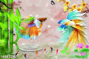 Tranh in 3d đôi cá sim betta trên mặt hồ cá chép sơn dầu