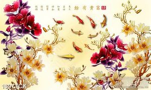 Tranh psd sơn dầu cá chép vàng bên rừng hoa mẫu đơn