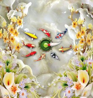 Tranh decor cành mai vàng bên hồ cá chép giả ngọc