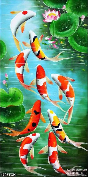 Tranh sơn dầu cá koi trong hồ sen xanh biếc in 3d