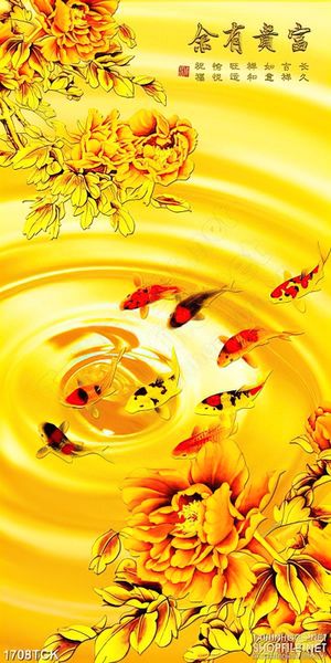 Tranh sơn dầu cá chép trong hồ sen dáp vàng in dán tường