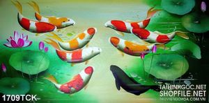 Tranh decor đàn cá koi bên những chiếc lá sen xanh