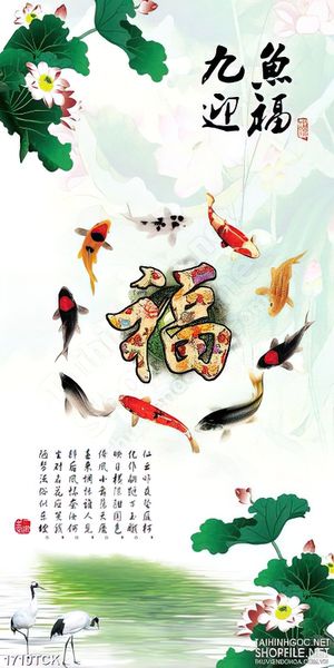 Tranh trang trí chữ phúc nẵm giữa đàn cá chép sơn dầu