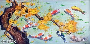 Tranh in canvas gốc cây mai vàng trên hồ cá koi sơn dầu
