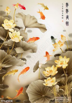 Tranh sơn dầu cá chép vàng trong hồ sen trắng in 3d
