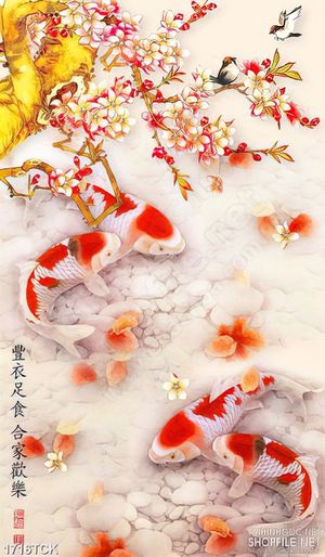 Tranh cá chép vàng dưới gốc hoa đào in treo tường