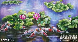 Tranh nghệ thuật sơn dầu cá koi trong hồ đầy hoa sen