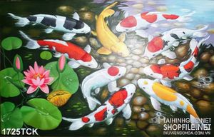 Tranh đá cuội trong hồ cá chép sơn dầu in treo tường